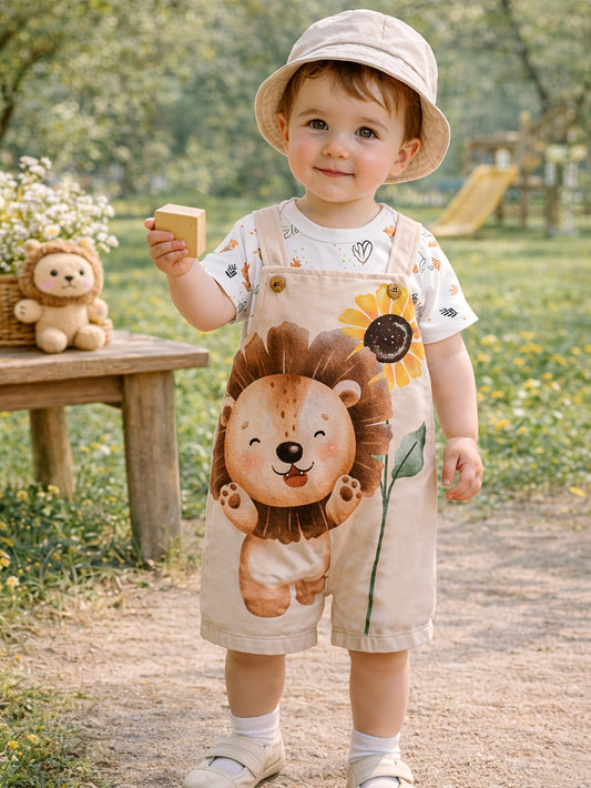 Ensemble bébé 3 pièces – Salopette short lion & tournesol avec t-shirt et chapeau | Été