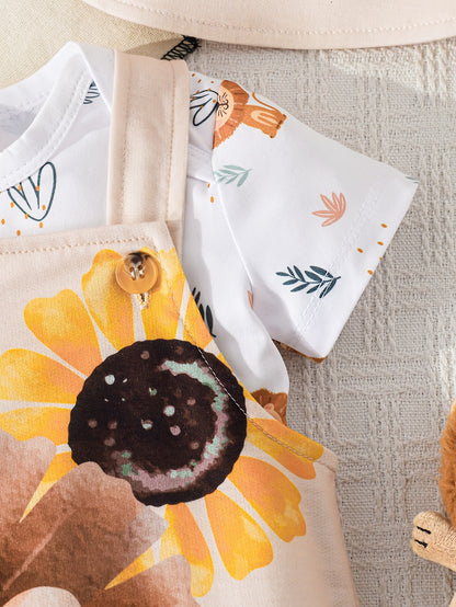 Ensemble bébé 3 pièces – Salopette short lion & tournesol avec t-shirt et chapeau | Été