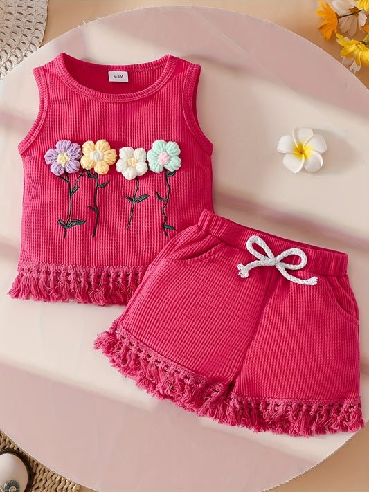 Ensemble d’été fille 2 pièces à fleurs 3D – Haut sans manches et short en tissu gaufré