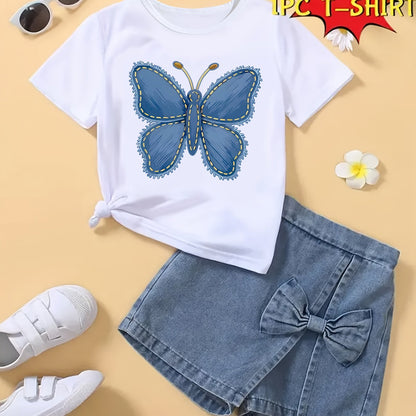T-shirt fille à manches courtes imprimé papillon bleu – Haut seul, doux et confortable (été)