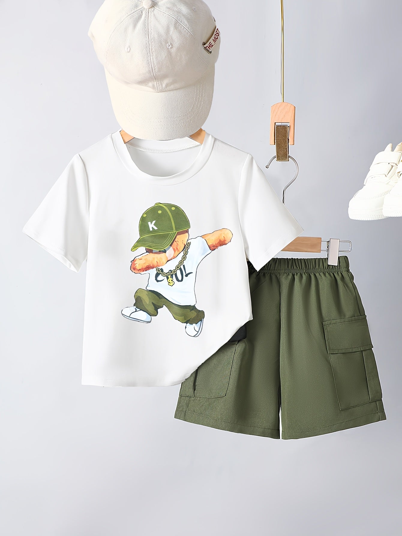 Ensemble garçon 2 pièces été – T-shirt imprimé ours & short confortable (Look décontracté)