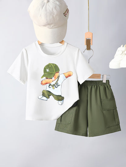Ensemble garçon 2 pièces été – T-shirt imprimé ours & short confortable (Look décontracté)