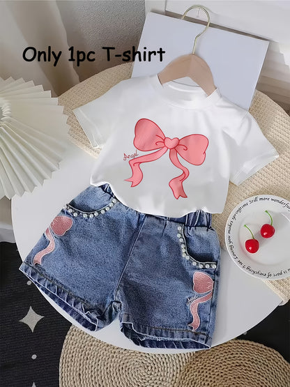 T-shirt fille à nœud imprimé – Haut d’été confortable et respirant (haut uniquement)